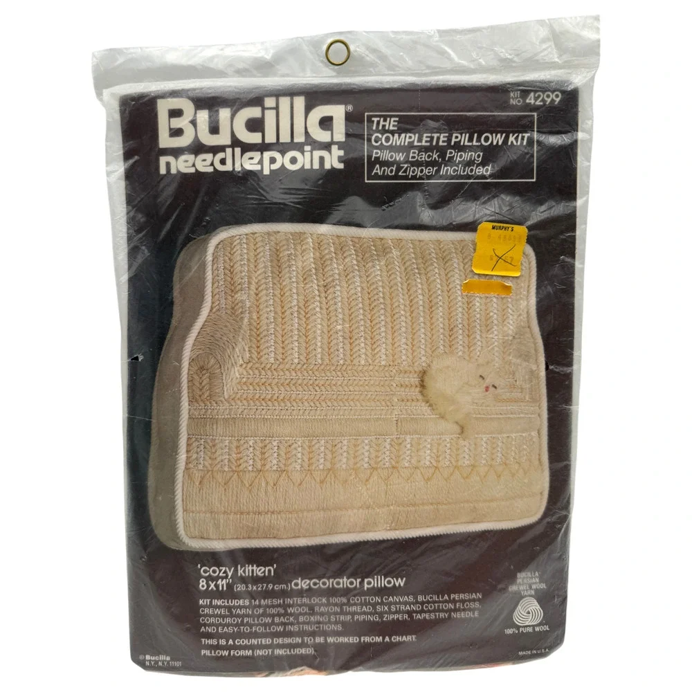 Bucilla Needlepoint Pillow Kit Cozy Kitten 4299 Cushion Cat Vintage NOS Sealed
